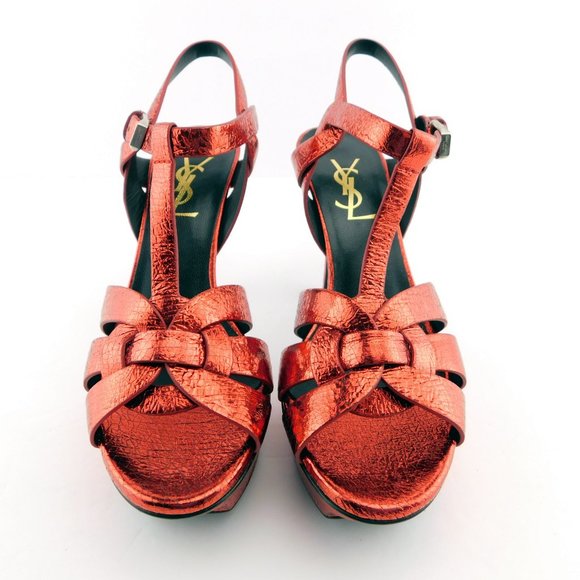 New YSL SAINT LAURENT Red Metallic Shimmer Leather T-Strap Heel Sandals 36 - Picture 4 of 9